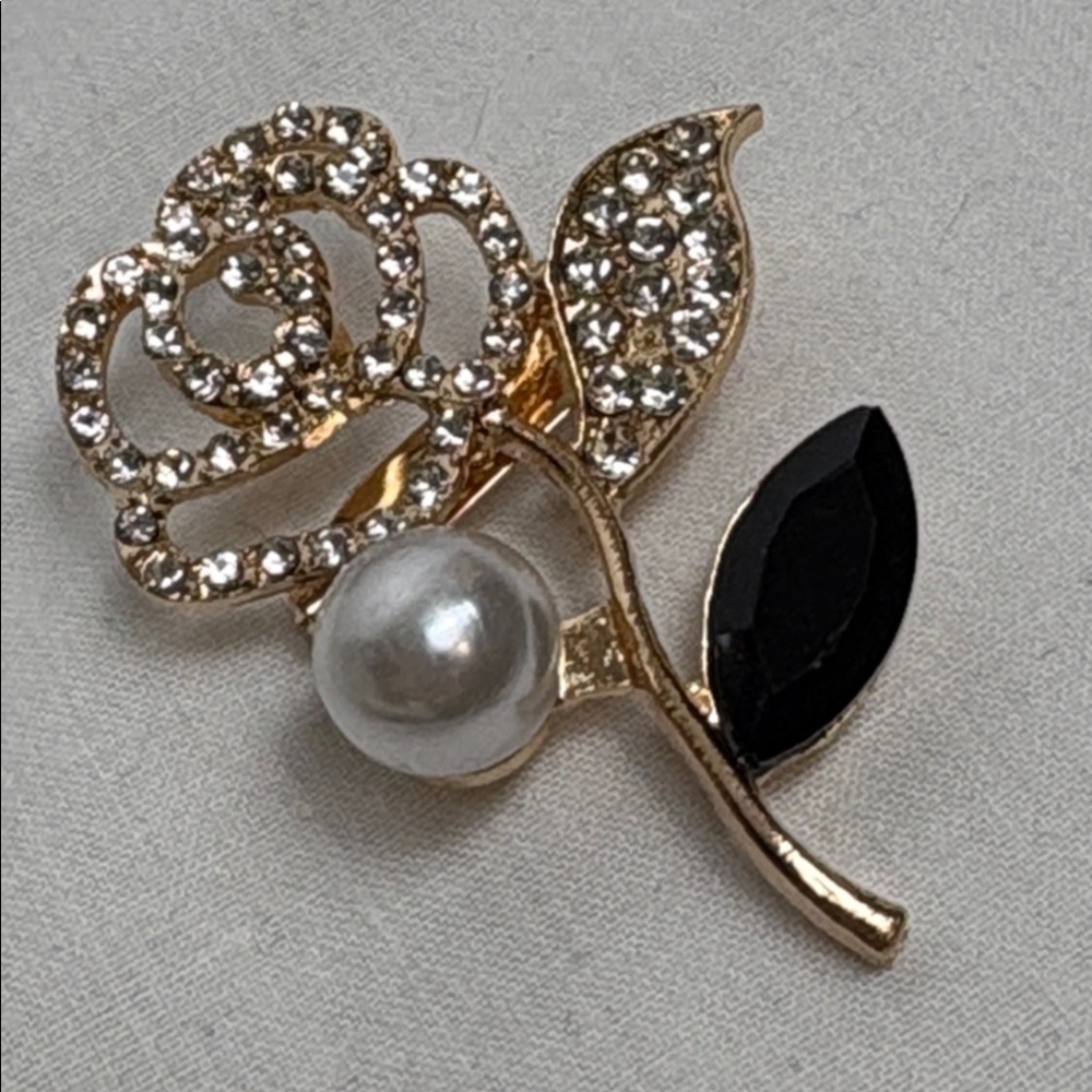 Gold Rose Rhinestone and Pearl Brooche